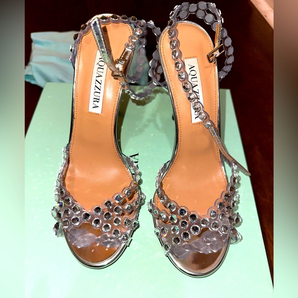 AQUAZZURA
Tequila 105 crystal-embellished PVC and metallic leather sandals. 36